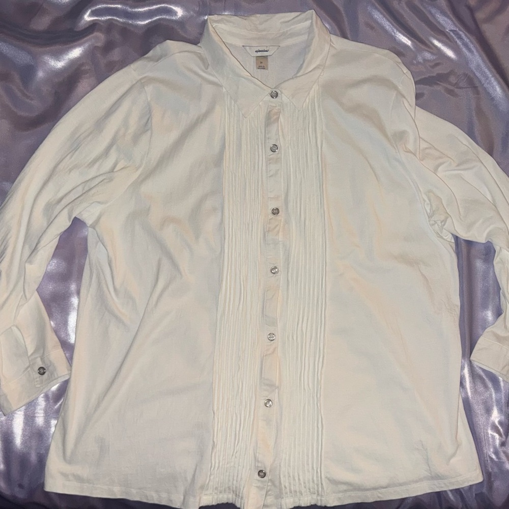 CJ Banks 3X Cream Pleated Blouse Cotton Modal Button Front Long Sleeve